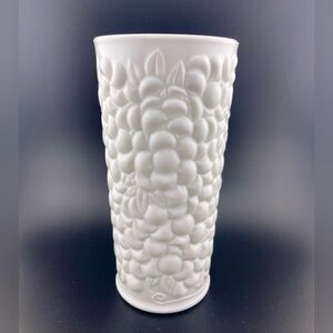 Vintage Milk Glass Grape Leaf Fruit Pebble Design Vase, Indiana Glass, 7 1/2"H,